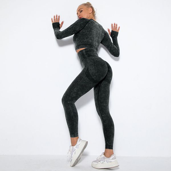 Pantalones de yoga negros Trajes Conjunto de yoga para mujeres Leggings sin costuras Ropa de entrenamiento de manga larga Trajes deportivos femeninos Ropa para exteriores Ropa deportiva para mujeres Ropa deportiva para niñas