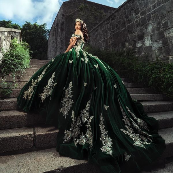 Vestido para quinceañeras verde negruzco para niña, vestido De baile De encaje con lentejuelas y apliques, Vestidos De fiesta con lazo, Vestidos De 15 anos