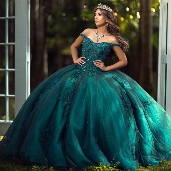 Robe de quinceanera vert noir pour sweet 16 fille applique en dentelle à paillette de tul de tul