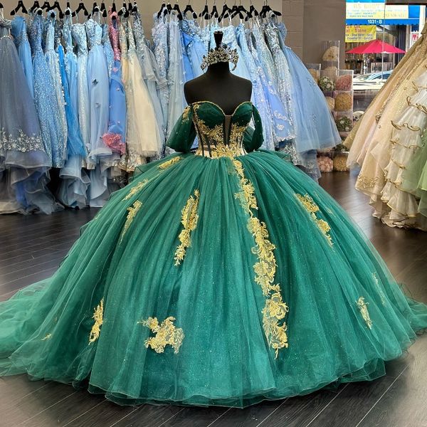 Vestidos de quinceañera de tul brillante de color verde negruzco, cuentas de novia, apliques dorados, vestido de fiesta de encaje, vestidos de quinceañera dulces, vestidos de 15