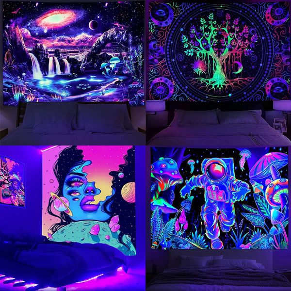 Tapisserie à lumière noire crâne Halloween UV réactif néon tapisseries toile de fond Art mural pour chambre salon 240127