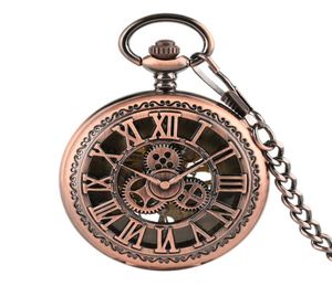 Blacksilver Red Copper Hollow Gear Welel Coveres Hand Winding Mechaincal Pocket Watch avec une chaîne de cadran squelette de 30 cm Men Cloc1931416