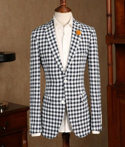 Blackwhite Check Plaid Summer Linen Mens Cost 2 Button Lociers Sports Blazer Suit de loi