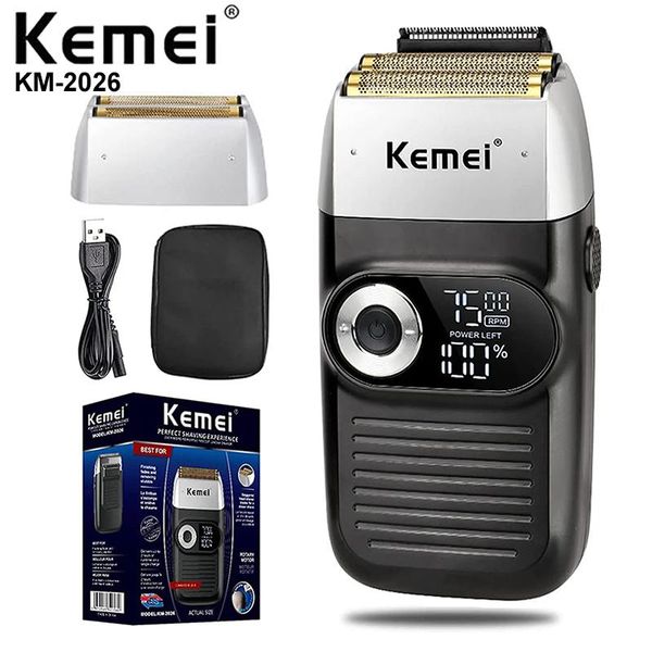 Blades Kemei KM2026 Rasoir électrique Barber pour hommes rechargeable avec Barbe Trimmer LCD Affichage du rasoir en titane au lithium avec étui de voyage