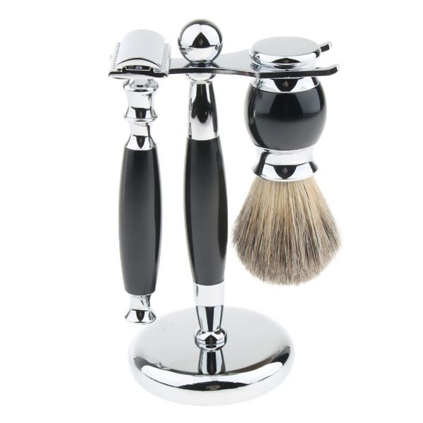 Manual Manual Herramientas para la herramienta de aseo de la barba facial El soporte del soporte de pincel de afeitado Razor de seguridad de doble cara Black