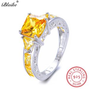 Blaike Genuine 925 Sterling Zilver Geel Topaz Ringen voor Vrouwen Mannen Charmante Citrien Sieraden Vierkant Zirkoon Geboortesteen Ring Geschenken LY191226