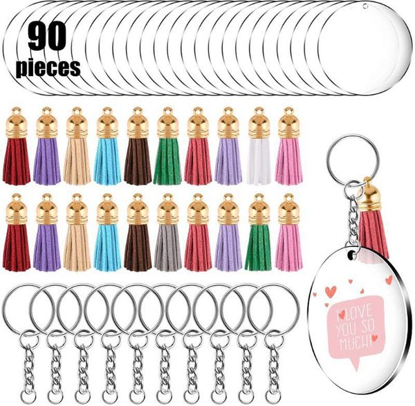 Blanc bricolage glands porte-clés porte-clés bijoux matériel 30 pièces cercle rond acrylique Borad carte + chaîne en métal cerceau gland ensemble Total 90 pièces