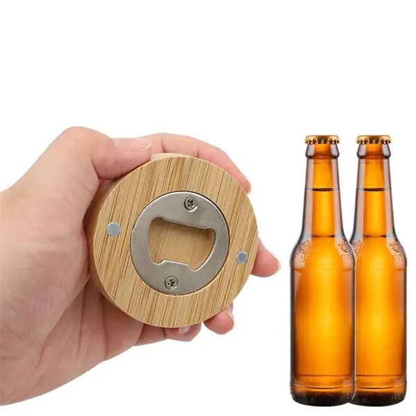 Abrebotellas de madera con forma redonda de bambú, posavasos con imán para nevera, decoración, abridor de botellas de cerveza en blanco