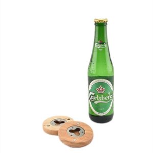 Lege diy houten bier flesopener ronde vorm roestvrij stalen flesopeners coaste decor keukengerei T2i5485