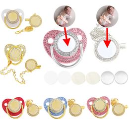 Blanco gepersonaliseerde baby fopspeen met kettingclips omvat luxe bling zirkoon siliconen dummy tepel TEETER Geboren cadeau 5set/lot 240423