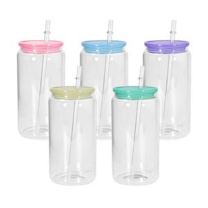 Sublimación en blanco Lata de vidrio de 16 oz con tapas de PP Botella con forma de vaso con tapa y paja Vaso de verano Mason Jar Juice Cup Z11