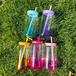 Blank sublimatie 16oz Gradiënt transparant ombre jelly bierglas kan BPA-vrij Recyclebaar koud drankje met kleurrijke plastic deksels voor ijskoffie, frisdrank, Pop