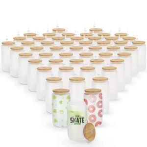 Blank Sublimation 16 oz Mason Verre Tasse Blancs Sublimer Tumbler Givré Clair Boisson Tasses À Bière Avec Bambou En Plastique Paille US CA Loacal Warehouse