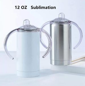 Sublimación en blanco Sippy Cups Vasos para niños 12 oz taza recta blanca Vaso para beber de acero inoxidable para niños con asas FY4623