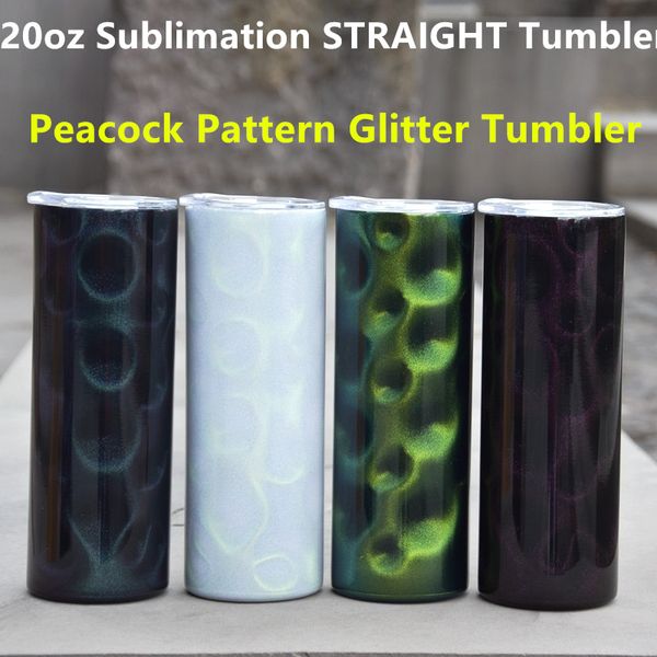 Sublimación en blanco Tumbler 20oz Skinny Skinny Tumbler 3D Dazzle color Tumblers Peacock Patrón Glitter Vumor con tapas Tabras de café de acero inoxidable de acero inoxidable