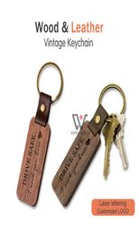 Lege houten sleutelhanger Aangepast logo Draagbare riemen Lederen sleutelhanger Promotie Souvenir Cadeau Walnoot Esdoornhout Lasergravure Keycha7648430