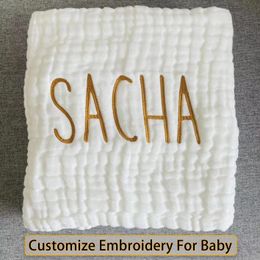 Couverture personnalisée avec nom de bébé, 6 couches, serviette de bain pour bébé, literie en coton, couette d'emmaillotage en mousseline biologique, 240311