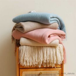 Gestrickte nordische Decke mit Quasten, einfarbig, grau, rosa, Sommerdecke, Sofa-Überwurf, weiches Bett, gehäkelt, Bettläufer, Sommerdecke für Erwachsene, R230616