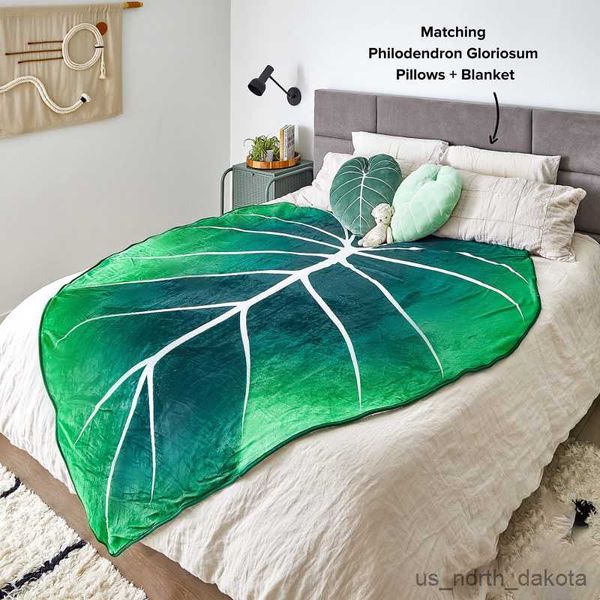 Couverture grande couverture douce imprimée feuilles vertes en forme de couverture lits canapé polaire confortable plage couverture cadeau d'anniversaire R230616