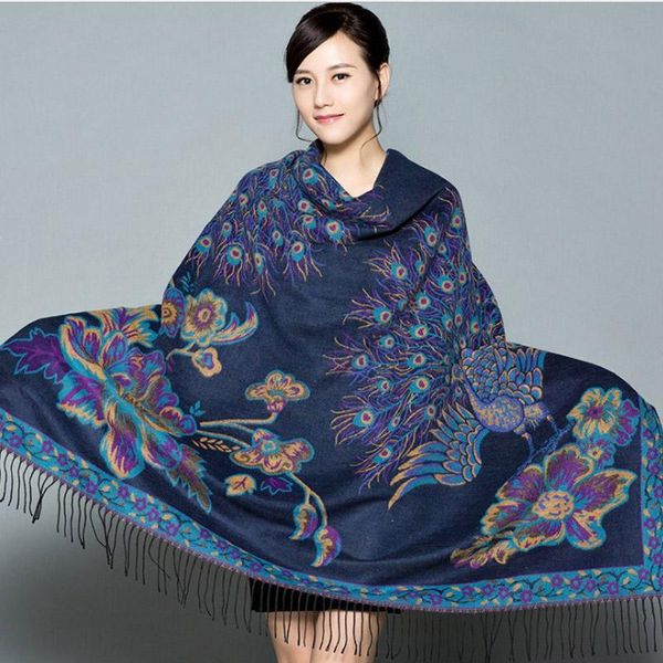 Foulards Couverture Poncho Cape Double Faces Hiver Femmes Cachemire Châle Grand Squar Paon Écharpe Surdimensionné Doux Wrap Épais