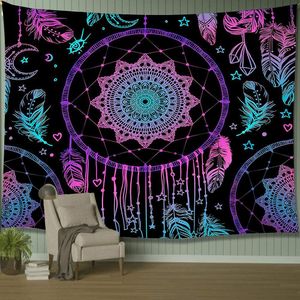 Couverture Psychédélique Lune Dreamcatcher Plume Tapisserie Hippie Grand Bohème Mandala Tapisseries Mur Tissu Tapis Plafond Chambre Décor 230808