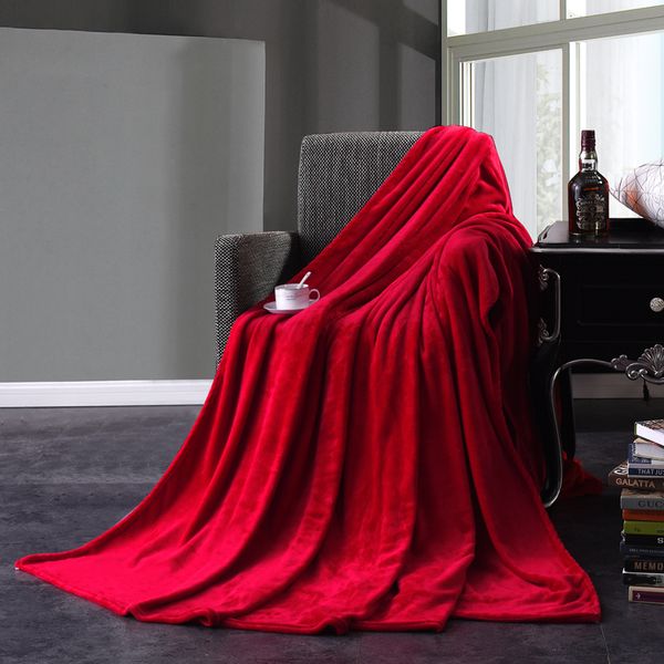 Manta de franela roja suave para sofá cama, avión, viaje, telas escocesas para adultos, textiles para el hogar, Color sólido 43 230221