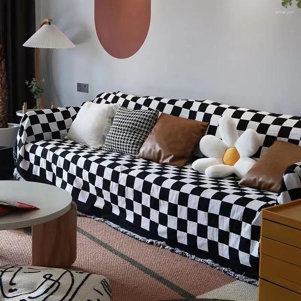 Couvertures 180x230 cm Black White Grid Check Sofa Cover Couvure Chaise Lounge Loupage Couverture Tapestry Litspread Outdoor Camping Towels Double côté