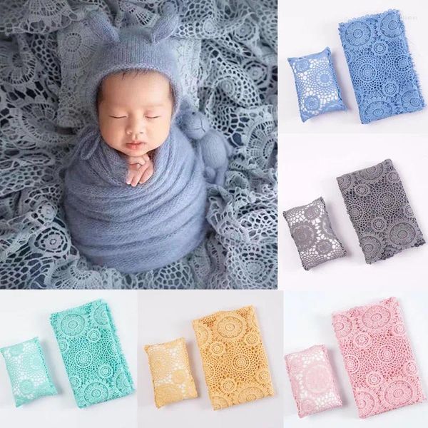 Mantas 2 PCS Baby Swaddling Wrap Manta y almohada Set Born Pography Props Hollow Lace Girl Boy Po Shoot Accesorios