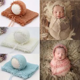 Couvertures 2 pièces / ensemble né pographie accessoires bébé couverture dentelle enveloppement avec chapeau mignon extensible doux mohair gland swaddle