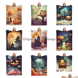 Couvertures 2023 Designer Flanelle Couverture Halloween Pumpkin Bat Castle Série Personnalisé Intérieur Canapé-lit Confortable Chaud Pour La Fête De Vacances Drop Dhblg