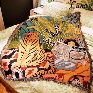 Dekens 2024 Cartoon tijger gooi deken gebreide kwastje voor bedden sofa cover camping picknickmat muur hangende tapijt tapijt thuis decor