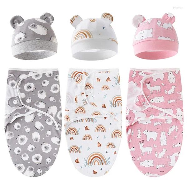 Couvertures 2pcs Born Swaddle Couverture chapeau réglable Baby Sleeping Sac Coton Coton Naissance enveloppe Babies Babies