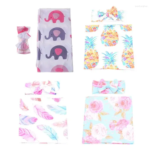 Couvertures 2pcs petits enfants dessin animé imprimé serviette de couverture enveloppée avec bandeau de nœud papillon ensemble de bande de cheveux pour bébé nourrissons cadeaux de douche