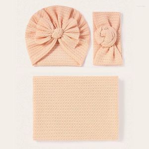 Dekens 3 stuks Born Wafel Inbakerdoek Hoofdband Hoed Set Baby Ontvangstdeken Sleepsack Haarband Cap Kit Voor Baby's Jongens Meisjes S