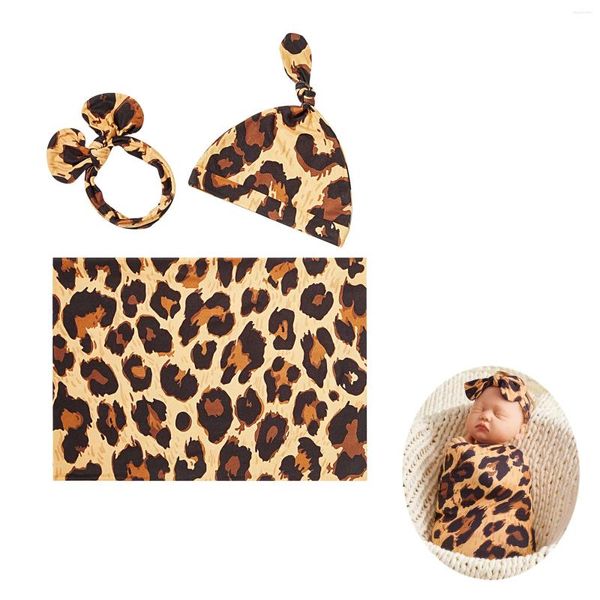 Couvertures 3pcs bébé couverture bandeau et chapeau ensemble imprimé léopard né swaddle enveloppes doux extensible coton pographie accessoires sacs de couchage
