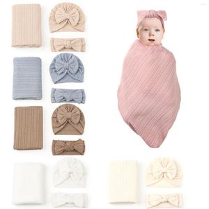 Couvertures 3 pièces/ensemble pour bébé né, sacs de couchage, texture d'oreille de blé, bandeau de réception extensible, ensemble Turban pour nourrissons