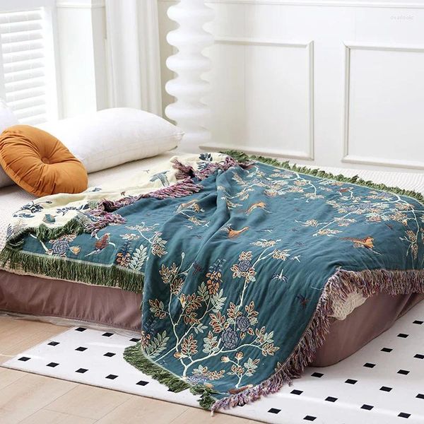 Couvertures AB côté coton coton couverture de gaze jacquard canapé à oiseaux floraux serviette de couette couchet lit de lit pour les couples serviettes et lancers