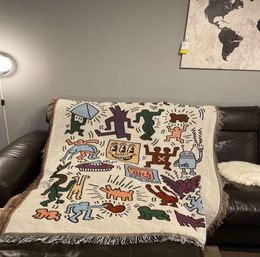 Couvertures tendance commune américaine Keith Haring graffiti maître illustrateur couverture de canapé simple tapisserie décorative couverture décontractée blanke6748494