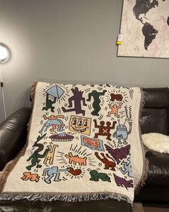 Couvertures tendance commune américaine Keith Haring graffiti maître illustrateur couverture de canapé simple tapisserie décorative couverture décontractée blanke3584849
