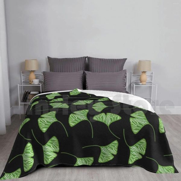 Mantas artísticas negras verdes ginkgo hojas de patrón para el sofá cama de viaje de la cama de viaje