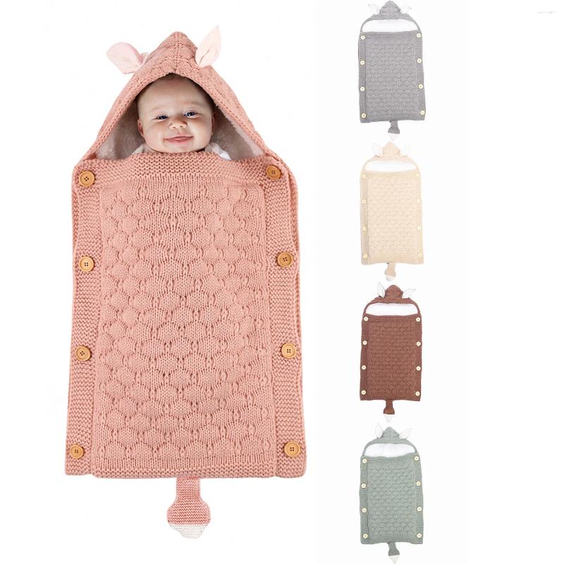Blankets Autumn Winter Baby Knitted Ear Sleeping Bag Solid Color Born Envelope Anti-Kick Quilt Swaddle Blanket