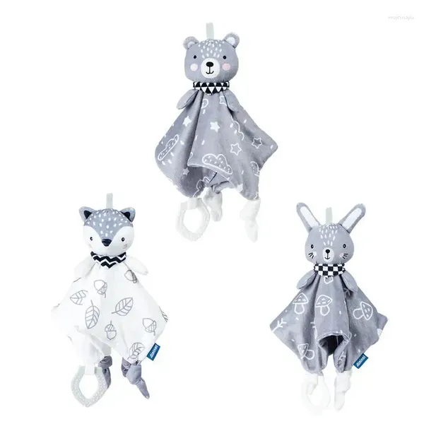 Mantas Los bebés apaciguan la saliva Manta de seguridad con mordedor para niños pequeños Patrón de animales de dibujos animados de peluche suave y seguro Juguete para abrazar a la hora de dormir