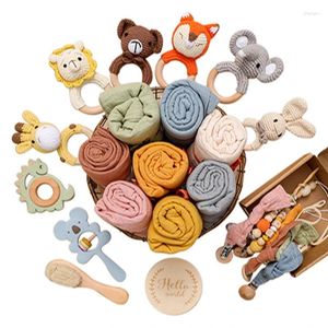 Couvertures pour bébés jouets de bain ensemble Crochet Animal Rattles Pacificier Clip Chain de serviette en coton Né