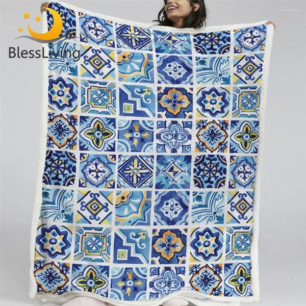 Mantas de bendición acuarela sherpa manta cerámica mediterránea peluche cuadrados geométricos ropa de cama floral costumbre