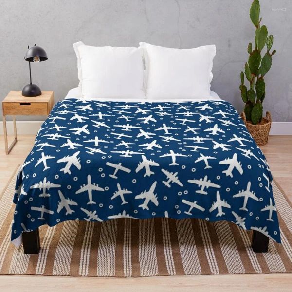 Mantas con patrón de silueta de aviones azules y blancos, manta de gran tamaño para dormitorio, artículos esenciales para habitación, regalo personalizado