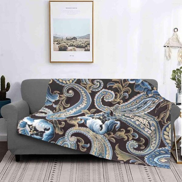 Couvertures Bleu Marron Vintage Paisley Climatisation Couverture Doux Chaud Lumière Mince Floral Fleurs Noir Beige