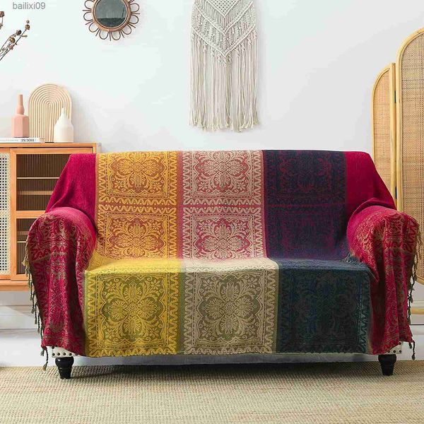 Couvertures Boho Coloré Tribal Tissé Chenille Jacquard Couverture Wiz Gland Bohème Hippie Décor pour Lit Canapé Causeuse Inclinable T230710