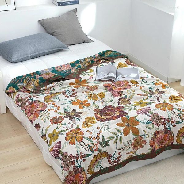 Mantas Estilo bohemio Seis capas de algodón de gasa Toalla Edredón Adulto Individual Doble Flor de verano Impreso Manta Sábana Sofá Cubierta Decoración para el hogar