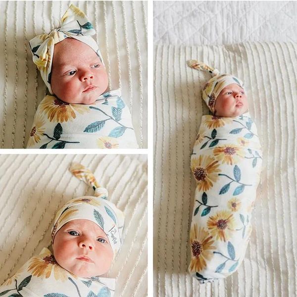 Couvertures Born Baby Wrap Swaddling Chapeau Bande De Cheveux 3Pcs Anti-Kick Pour Bébé Coton Fleur Imprimer Wraps Balnket Serviettes De Bain