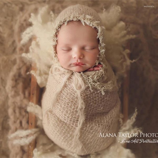 Mantas Born Pography Props Envoltura de encaje con sombrero a juego Estiramiento Manta suave para bebé súper esponjosa (40 80 CM)
